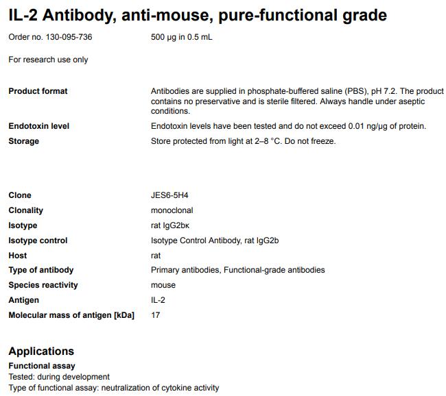 Anti-IL-2 pure, funct grade, mouse